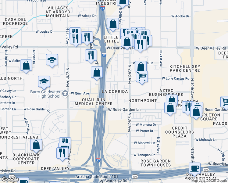 map of restaurants, bars, coffee shops, grocery stores, and more near 2403 West Lone Cactus Drive in Phoenix