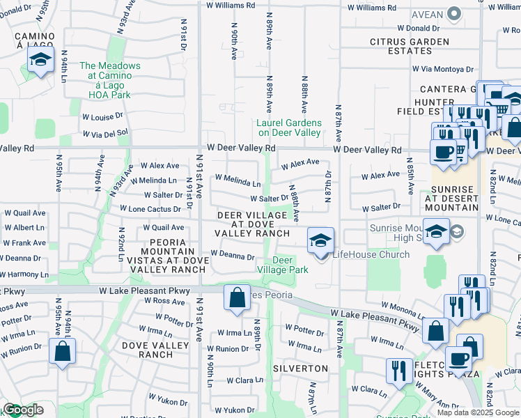 map of restaurants, bars, coffee shops, grocery stores, and more near 8907 West Lone Cactus Drive in Peoria