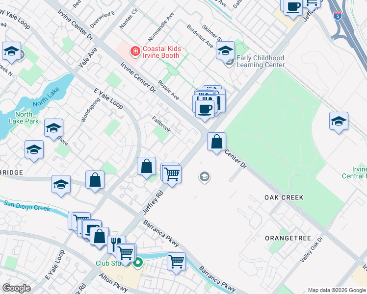 map of restaurants, bars, coffee shops, grocery stores, and more near 5 Fallbrook in Irvine