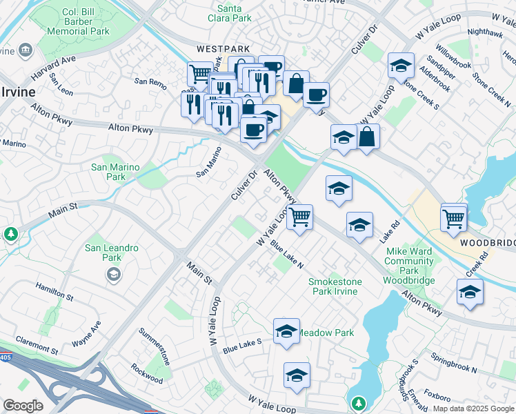 map of restaurants, bars, coffee shops, grocery stores, and more near 33 Greenfield in Irvine
