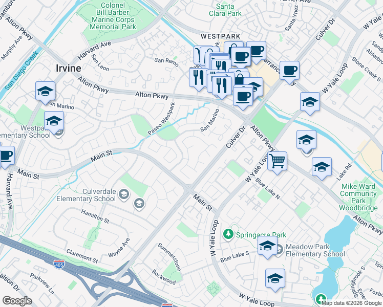 map of restaurants, bars, coffee shops, grocery stores, and more near 5 Aguilar in Irvine