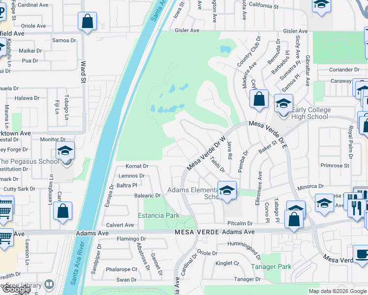 map of restaurants, bars, coffee shops, grocery stores, and more near 3054 Clubhouse Road in Costa Mesa