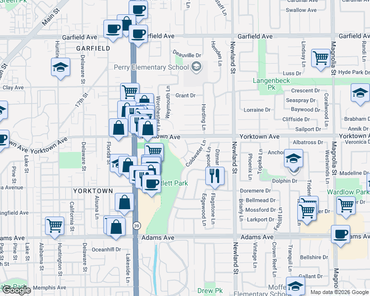 map of restaurants, bars, coffee shops, grocery stores, and more near 8285 Roma Drive in Huntington Beach