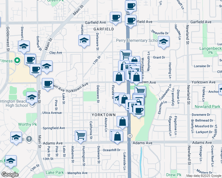map of restaurants, bars, coffee shops, grocery stores, and more near 2306 England Street in Huntington Beach