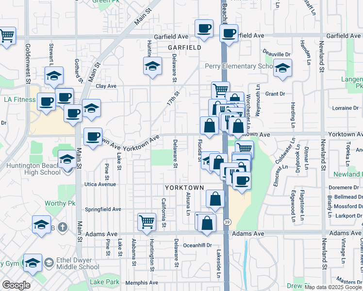 map of restaurants, bars, coffee shops, grocery stores, and more near 2312 Delaware Street in Huntington Beach