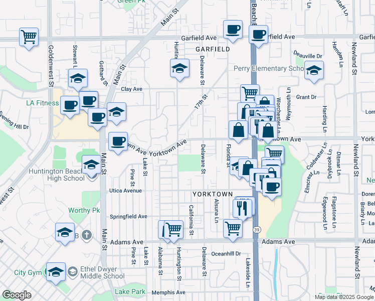 map of restaurants, bars, coffee shops, grocery stores, and more near 2318 Huntington Street in Huntington Beach