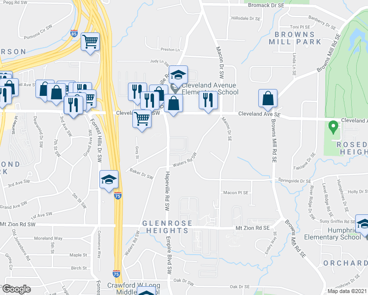 map of restaurants, bars, coffee shops, grocery stores, and more near 2850 Waters Road Southwest in Atlanta