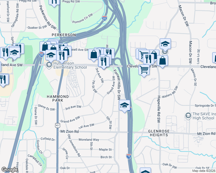 map of restaurants, bars, coffee shops, grocery stores, and more near 2805 Grand Avenue Southwest in Atlanta