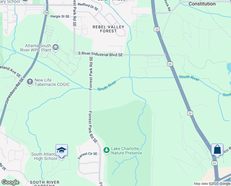 map of restaurants, bars, coffee shops, grocery stores, and more near 2800 Forrest Park Road Southeast in Atlanta