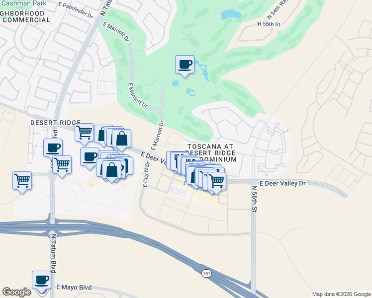 map of restaurants, bars, coffee shops, grocery stores, and more near 5350 East Deer Valley Drive in Phoenix