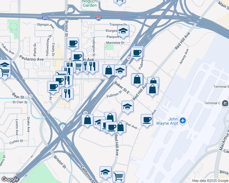map of restaurants, bars, coffee shops, grocery stores, and more near 3150 Pullman Street in Costa Mesa