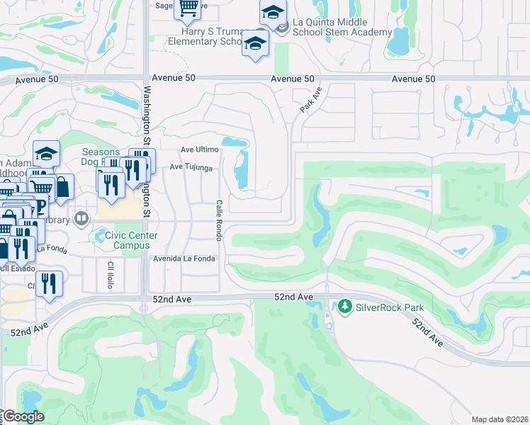 map of restaurants, bars, coffee shops, grocery stores, and more near 78893 Breckenridge Drive in La Quinta