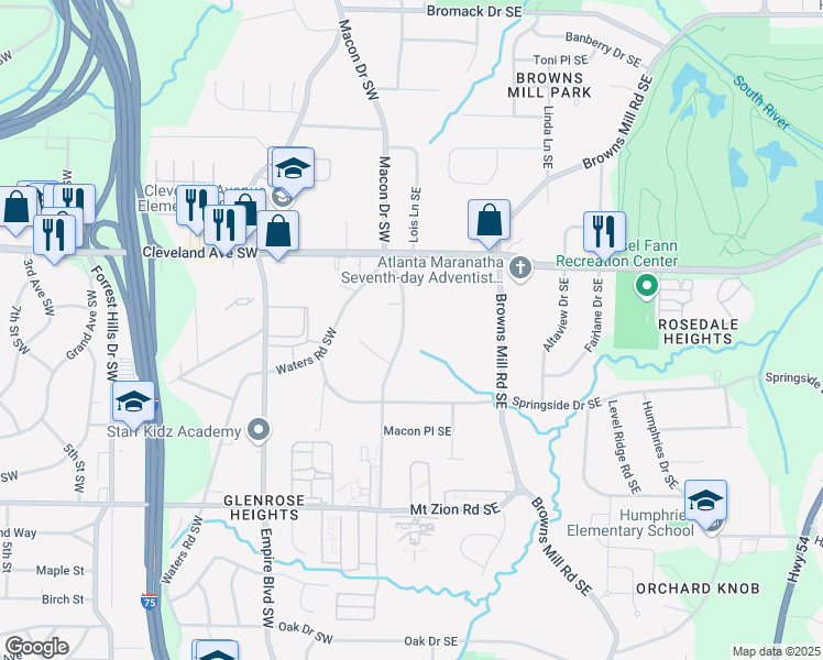 map of restaurants, bars, coffee shops, grocery stores, and more near 2796 Macon Drive Southeast in Atlanta