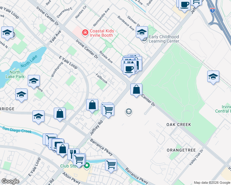 map of restaurants, bars, coffee shops, grocery stores, and more near 5 Fallbrook in Irvine