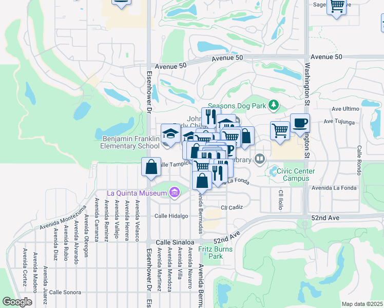 map of restaurants, bars, coffee shops, grocery stores, and more near 50905 Avenida Bermudas in La Quinta