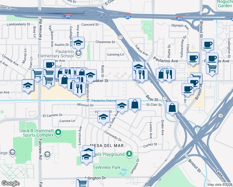map of restaurants, bars, coffee shops, grocery stores, and more near 959 Post Road in Costa Mesa
