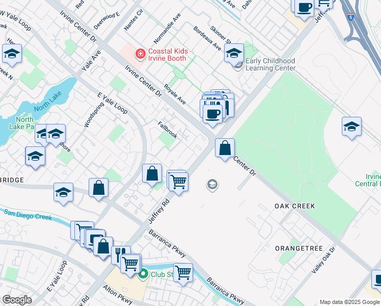 map of restaurants, bars, coffee shops, grocery stores, and more near 17 Fallbrook in Irvine