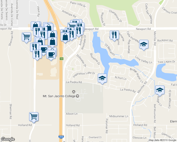 map of restaurants, bars, coffee shops, grocery stores, and more near 28272 Inspiration Lake Drive in Menifee
