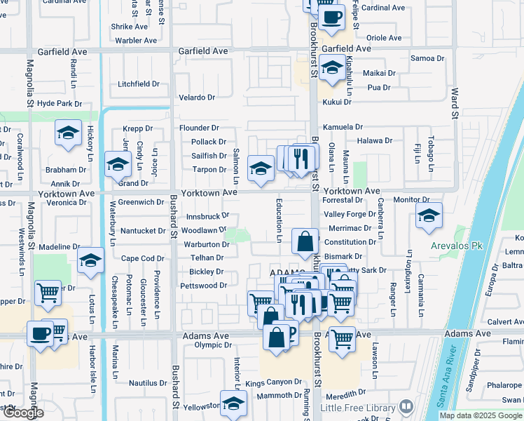 map of restaurants, bars, coffee shops, grocery stores, and more near 9800 Yorktown Avenue in Huntington Beach