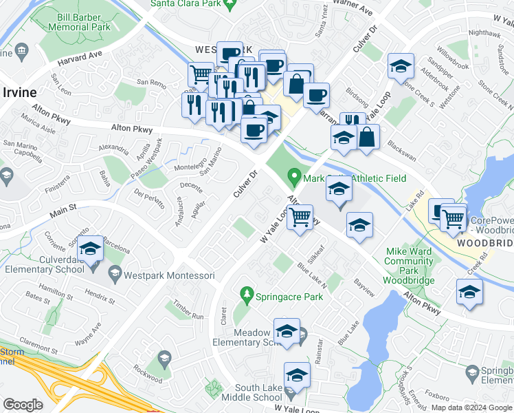 map of restaurants, bars, coffee shops, grocery stores, and more near 25 Woodleaf in Irvine