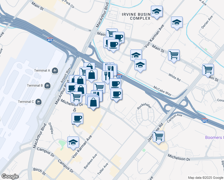 map of restaurants, bars, coffee shops, grocery stores, and more near 18191 Quartz in Irvine