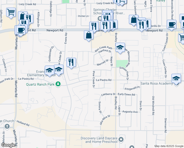 map of restaurants, bars, coffee shops, grocery stores, and more near 30437 Pine Creek Drive in Menifee