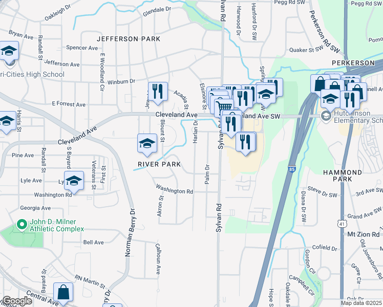 map of restaurants, bars, coffee shops, grocery stores, and more near 2795 Harlan Drive in Atlanta