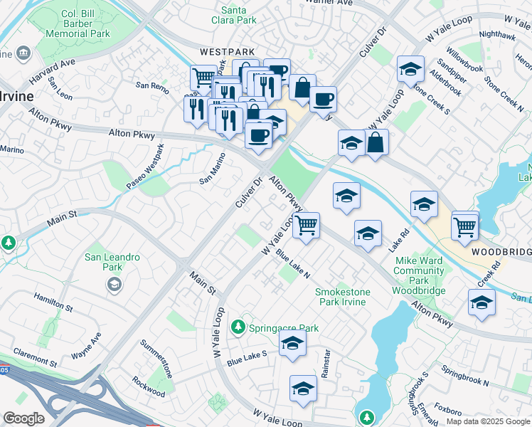 map of restaurants, bars, coffee shops, grocery stores, and more near 32 Greenfield in Irvine