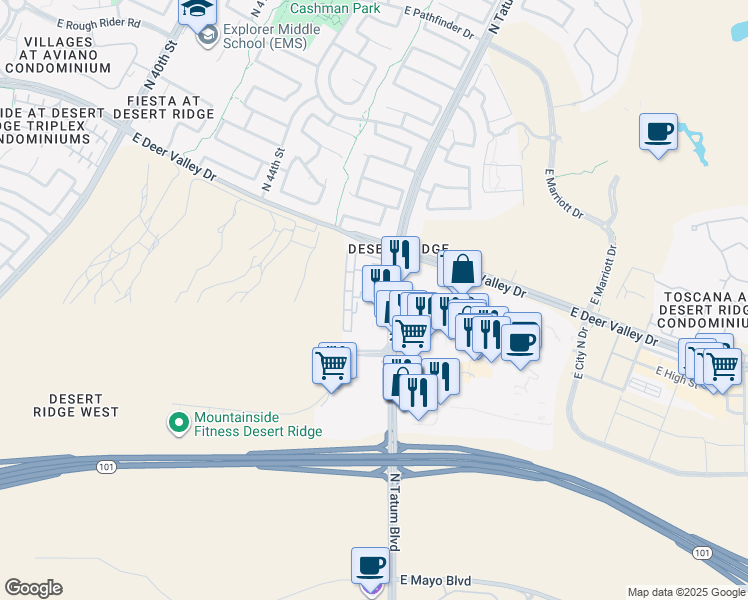 map of restaurants, bars, coffee shops, grocery stores, and more near 21050 North Tatum Boulevard in Phoenix