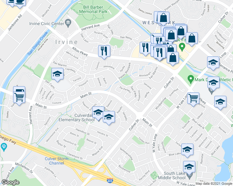 map of restaurants, bars, coffee shops, grocery stores, and more near 14 Del Italia in Irvine