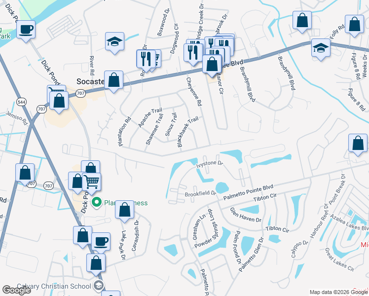 map of restaurants, bars, coffee shops, grocery stores, and more near 94 Plantation Road in Myrtle Beach