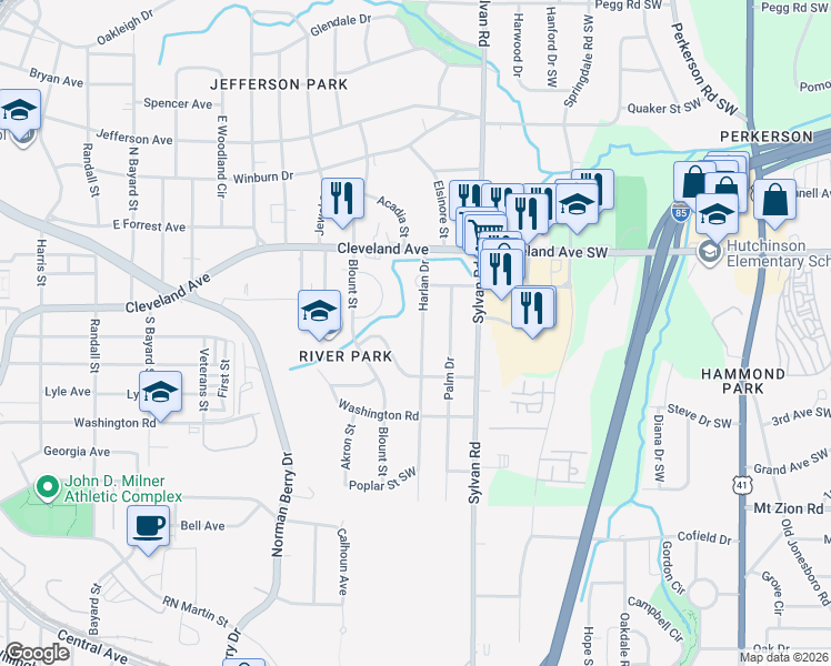 map of restaurants, bars, coffee shops, grocery stores, and more near 2795 Harlan Drive in Atlanta