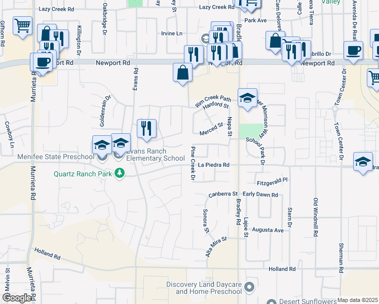 map of restaurants, bars, coffee shops, grocery stores, and more near 30437 Pine Creek Drive in Menifee