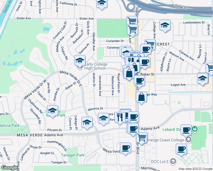 map of restaurants, bars, coffee shops, grocery stores, and more near 1616 Sandalwood Street in Costa Mesa