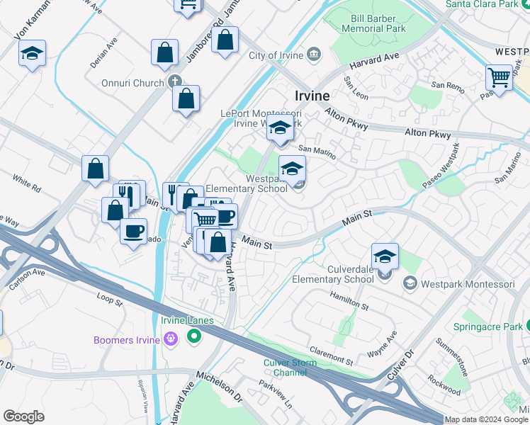 map of restaurants, bars, coffee shops, grocery stores, and more near 4 La Flora in Irvine