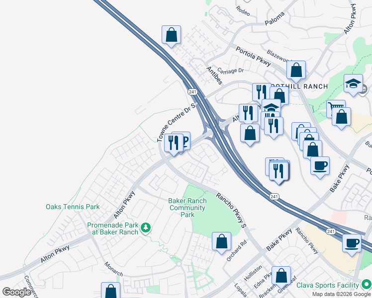 map of restaurants, bars, coffee shops, grocery stores, and more near 100 Sunflower in Lake Forest