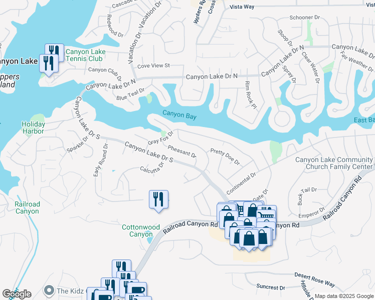 map of restaurants, bars, coffee shops, grocery stores, and more near 23051 Pheasant Drive in Canyon Lake