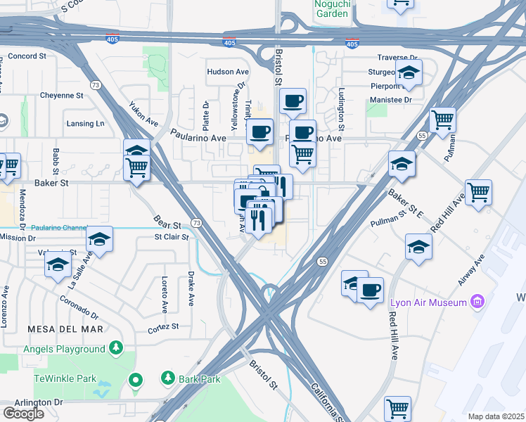 map of restaurants, bars, coffee shops, grocery stores, and more near 2937 Bristol Street in Costa Mesa