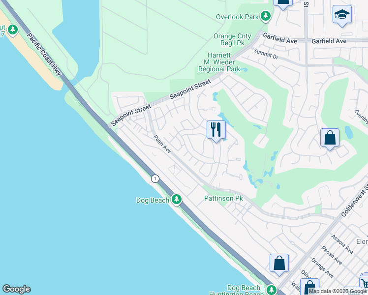 map of restaurants, bars, coffee shops, grocery stores, and more near 6062 Panorama Drive in Huntington Beach
