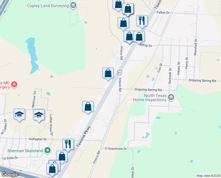 map of restaurants, bars, coffee shops, grocery stores, and more near 4006 Texoma Parkway in Denison