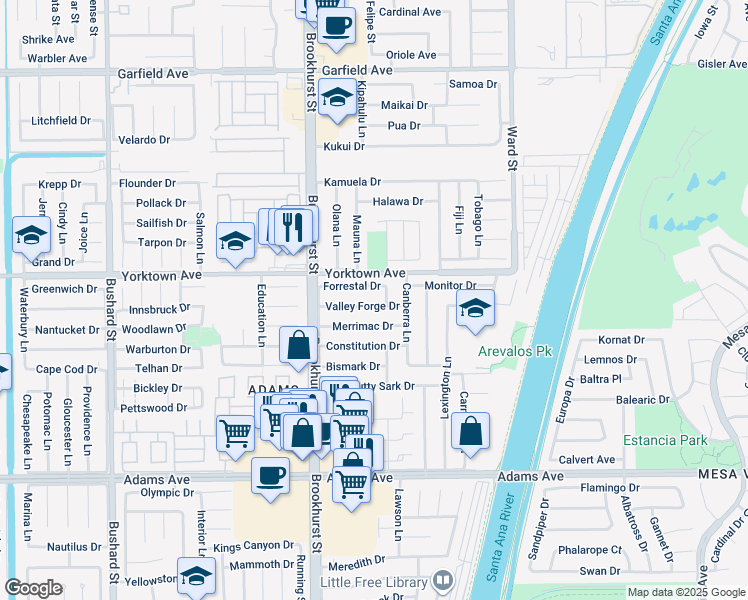 map of restaurants, bars, coffee shops, grocery stores, and more near 10151 Valley Forge Drive in Huntington Beach