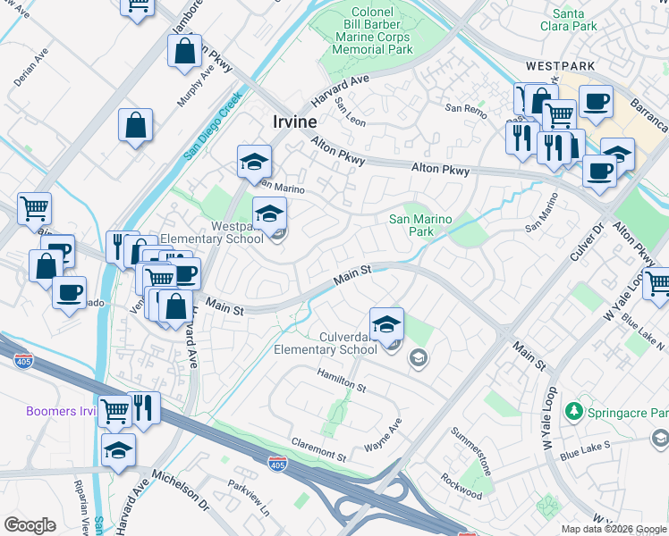 map of restaurants, bars, coffee shops, grocery stores, and more near 11 Tiara in Irvine