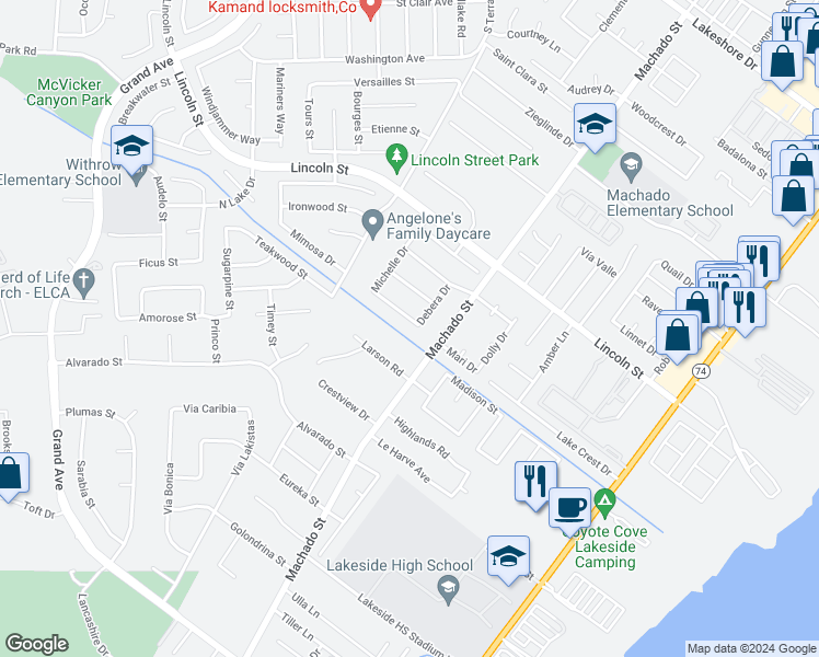 map of restaurants, bars, coffee shops, grocery stores, and more near 15075 Danielle Way in Lake Elsinore