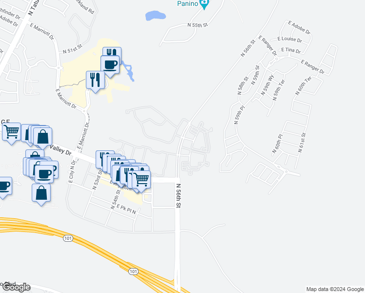 map of restaurants, bars, coffee shops, grocery stores, and more near 21320 North 56th Street in Phoenix
