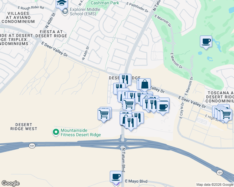 map of restaurants, bars, coffee shops, grocery stores, and more near 21050 North Tatum Boulevard in Phoenix