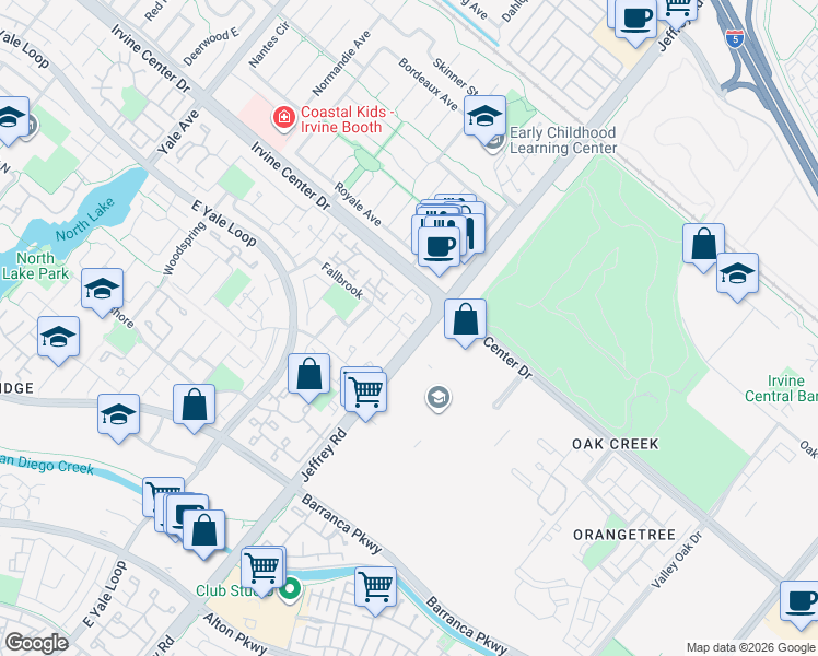 map of restaurants, bars, coffee shops, grocery stores, and more near 18 Fallbrook in Irvine