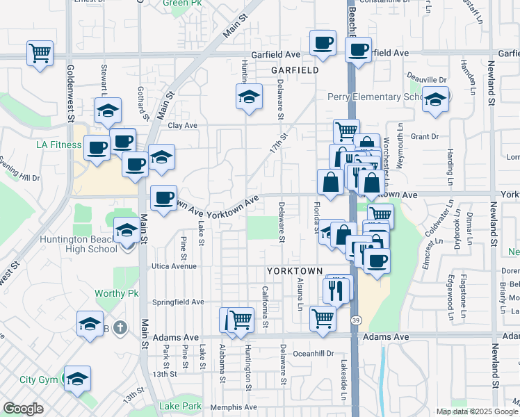 map of restaurants, bars, coffee shops, grocery stores, and more near 2318 Huntington Street in Huntington Beach