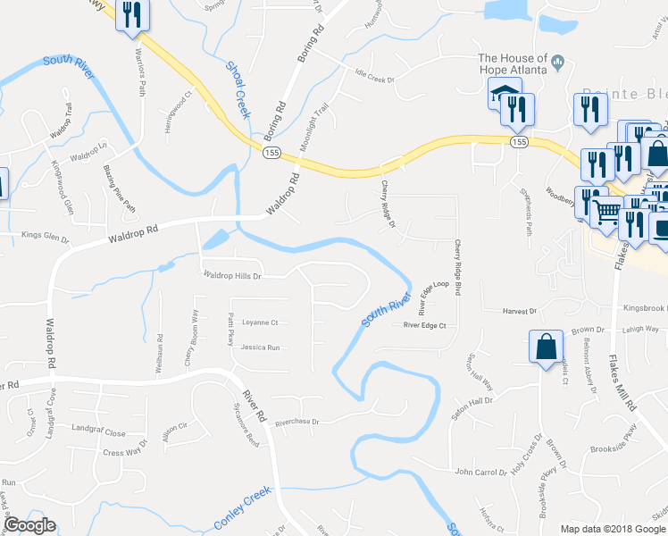 map of restaurants, bars, coffee shops, grocery stores, and more near 3981 Waldrop Hills Drive in Decatur