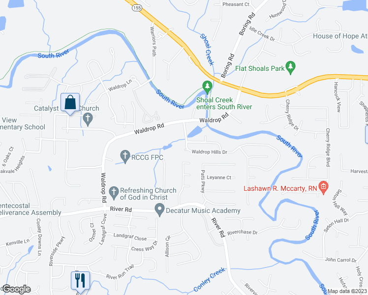 map of restaurants, bars, coffee shops, grocery stores, and more near 3763 Waldrop Hills Drive in Decatur