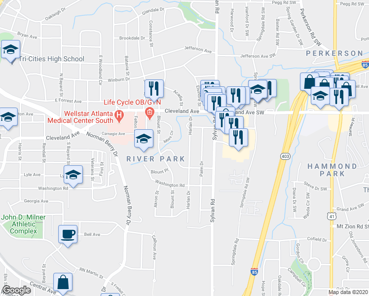 map of restaurants, bars, coffee shops, grocery stores, and more near 2795 Harlan Drive in Atlanta